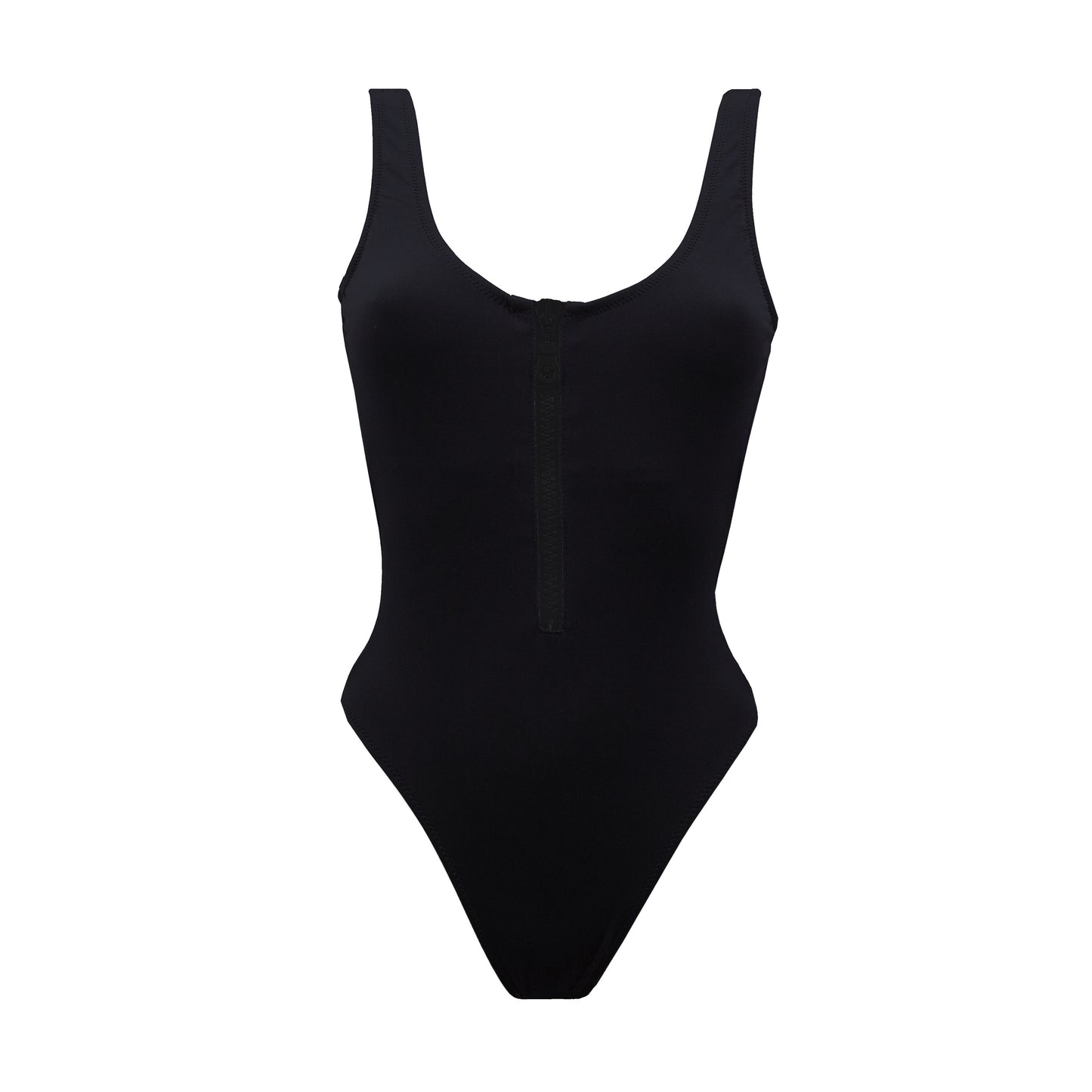 All black high and low cut one piece swimsuit. Adjustable black zipper. Open Back design and very comfortable. Double layer fabric to avoid transparency. Bañador negro. Bañador con cremallera. Bañador de espalda abierta.