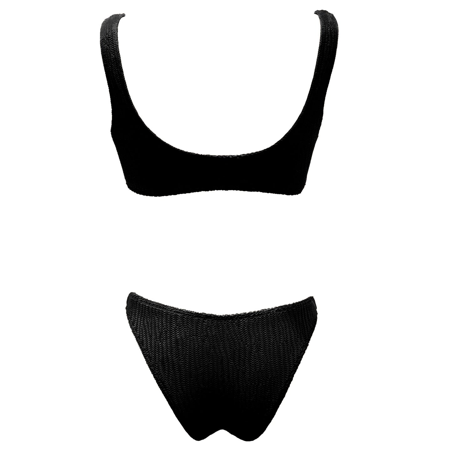 Cropped black bikini top. Textured finish and wide shoulder straps. This bikini will never upset you, it will always be one of your favorites. Top de bikini negro. Crop top con tirantes gruesos. Este bikini siempre será de tus favoritos.