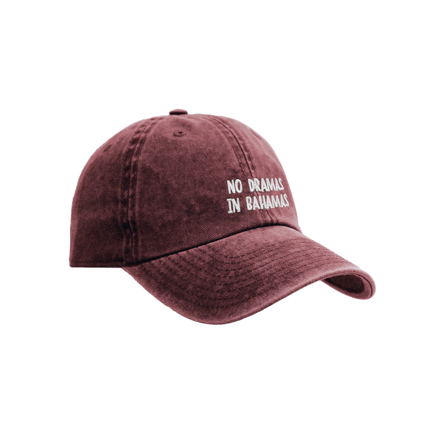 Gorra No Dramas In Bahamas granate efecto lavado, ajustable. Garnet No Dramas In Bahamas cap washed effect fabric, adjustable strap-back closure. 6 Panel Dad Cap. 100% cotton. 