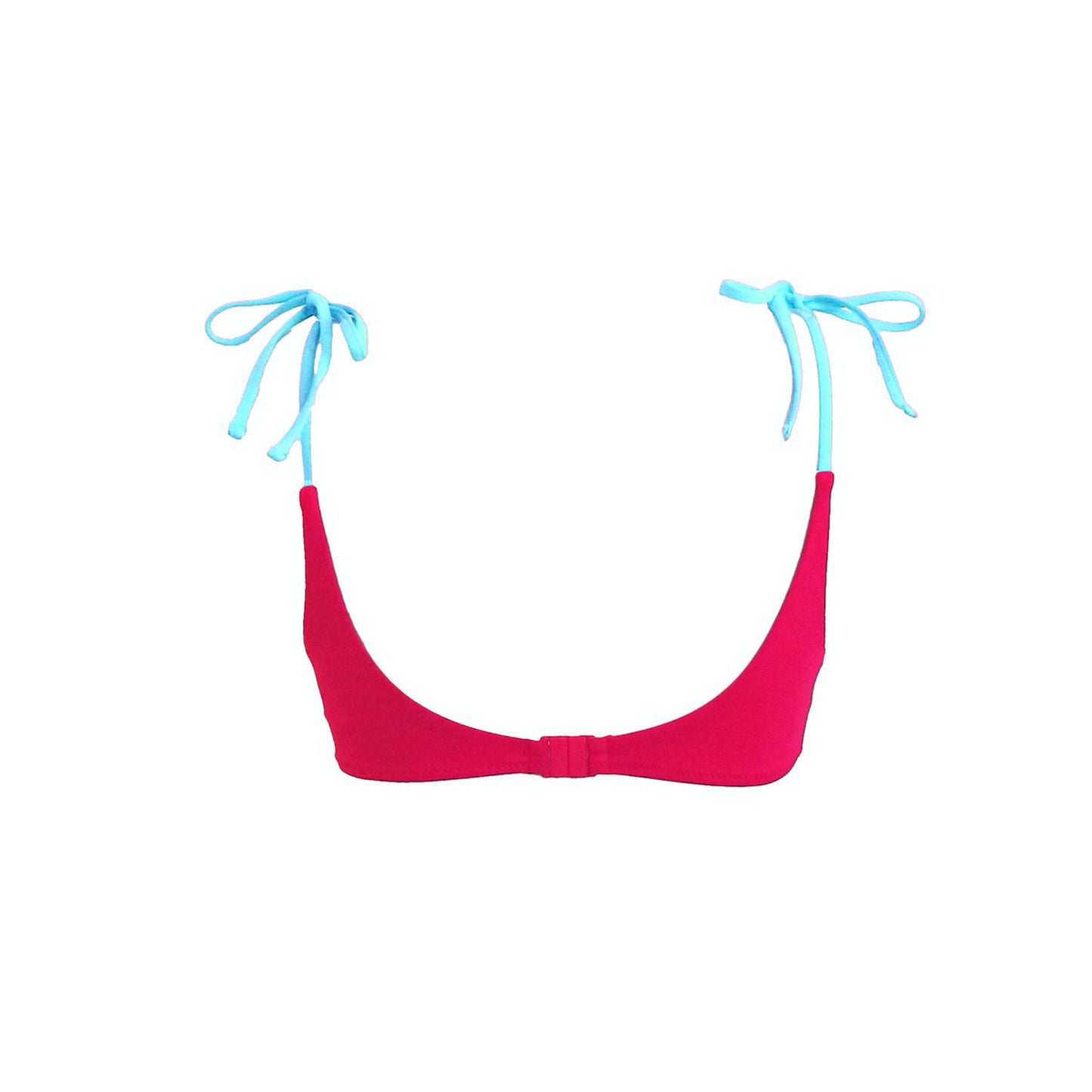 Pink bikini top. Strappy crop top with adjustable baby blue shoulder straps. Back clasp fastening. This bikini will never upset you, it will always be one of your favorites. Top de bikini rosa. Crop top con tirantes azul bebé ajustables. Cierre con broche en la espalda. Este bikini siempre será de tus favoritos.