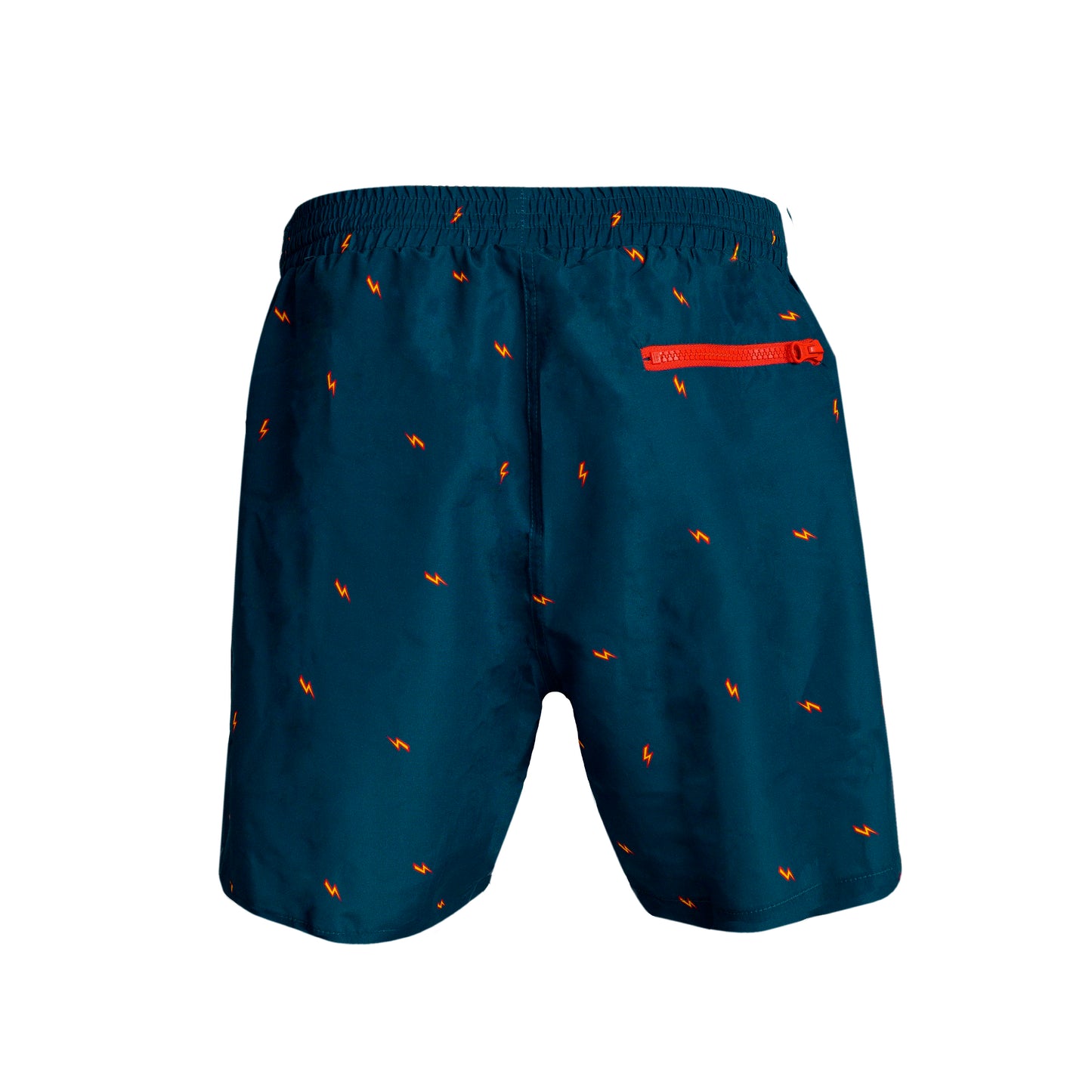 Bañador de hombre clásico con goma en la cintura, verde oscuro con estampado de rayos. Bolsillos laterales y un bolsillo trasero con cremallera. Rápido secado. Classic cut swim shorts. Dark green with thunder print. Two side pockets and one back pocket with zipper. Quick dry.