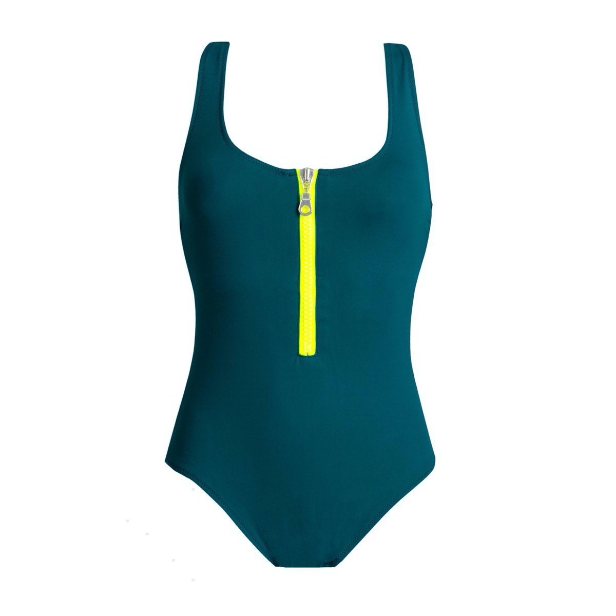 Green normal cut, one piece swimsuit. Adjustable, fluorescent zipper. Crossed Back design and very comfortable. Double layer fabric to avoid transparency. Bañador verde petróleo. Bañador de espalda cruzada. Bañador con cremallera.
