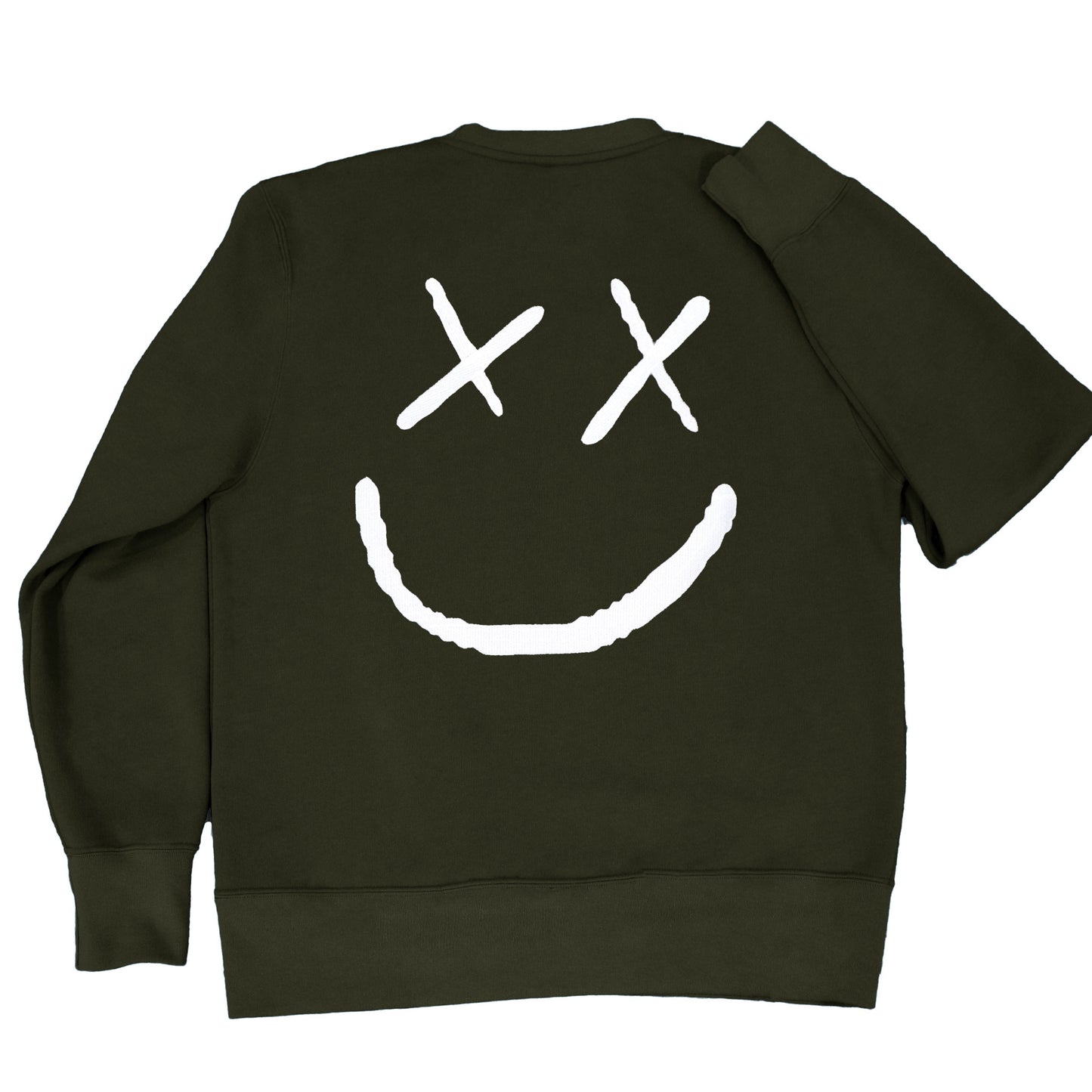 Sudadera khaki con bordado blanco  "happy face" en la parte trasera. Sudadera oversize diseñada en España. Algodón orgánico.Sudadera unisex sin capucha.Khaki sweatshirt with white "happy face" embroidery on the back. Oversize sweatshirt designed in Spain. Organic cotton. unisex hoodless sweatshirt.