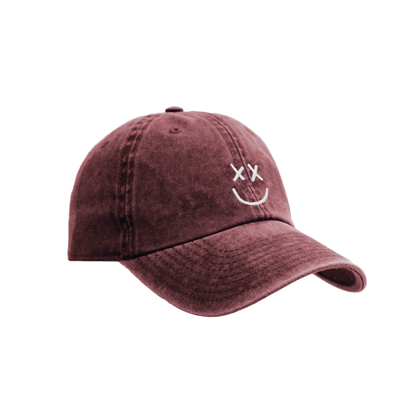 Embroidered Happy Face black and garnet cap, washed effect fabric, adjustable strap-back closure. 6 Panel Dad Cap. 100% cotton. Cool and comfortable unisex hat.  Gorra con cara feliz bordada. efecto lavado o desgastado. Ajustable. 100% algodón. Cómoda, super fashion y de moda. Disponible en color negro y granate / burdeos.