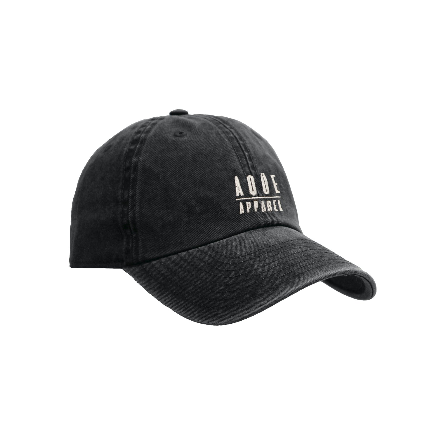 Gorra Aqüe Apparel negra efecto lavado, ajustable. Black Aqüe Apparel cap washed effect fabric, adjustable strap-back closure. 6 Panel Dad Cap. 100% cotton. 