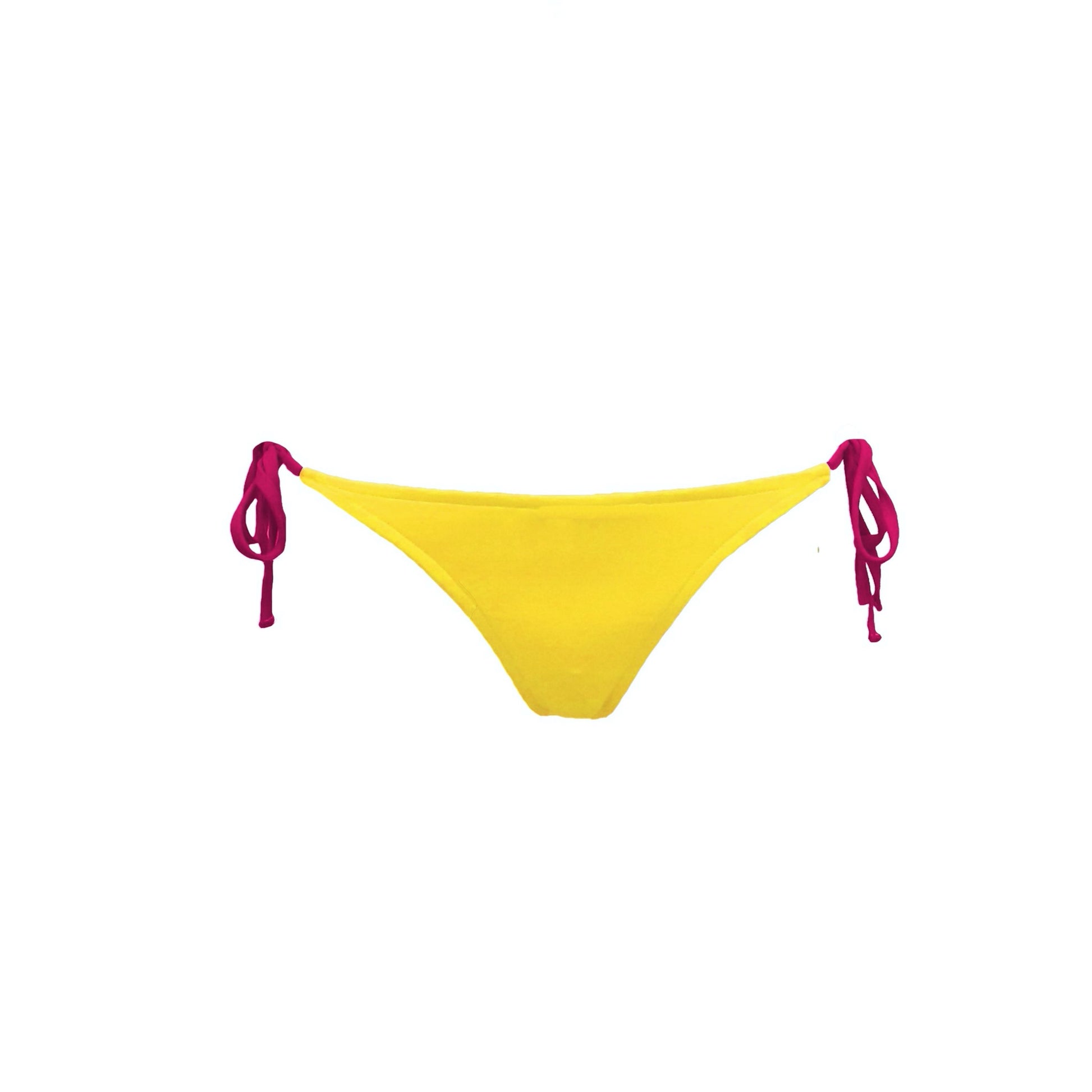 Totally adjustable yellow bikini set with push-up bra and bottom. Pink straps and zipper detail. Really comfortable for pool or beach. This bikini will never upset you, it will alway be one of your favorites. Parte inferior bikini. Bikini amarillo. Bikini de lazos.