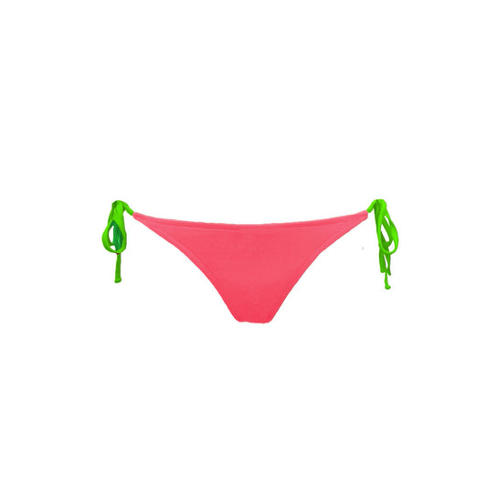 Totally adjustable pink bikini set with push-up bra and bottom. Green straps and zipper detail. Really comfortable for pool or beach. This bikini will never upset you, it will alway be one of your favorites. Parte inferior bikini rosa. Parte inferior bikini de lazos.