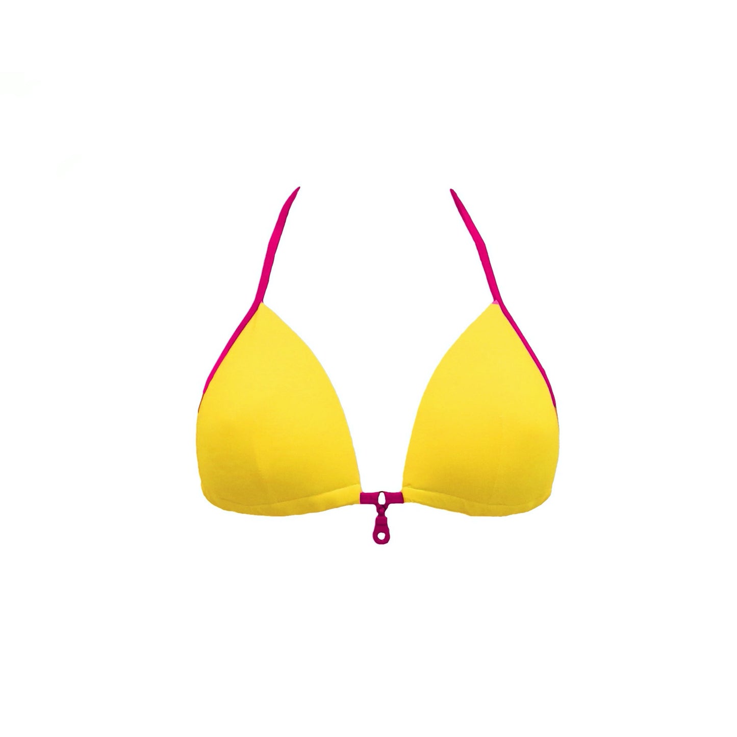 Totally adjustable yellow bikini set with push-up bra and bottom. Pink straps and zipper detail. Really comfortable for pool or beach. This bikini will never upset you, it will alway be one of your favorites. Parte superior bikini de lazos. Parte superior bikini amarillo.