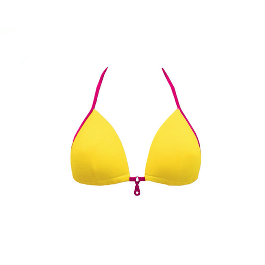 Totally adjustable yellow bikini set with push-up bra and bottom. Pink straps and zipper detail. Really comfortable for pool or beach. This bikini will never upset you, it will alway be one of your favorites. Parte superior bikini de lazos. Parte superior bikini amarillo.
