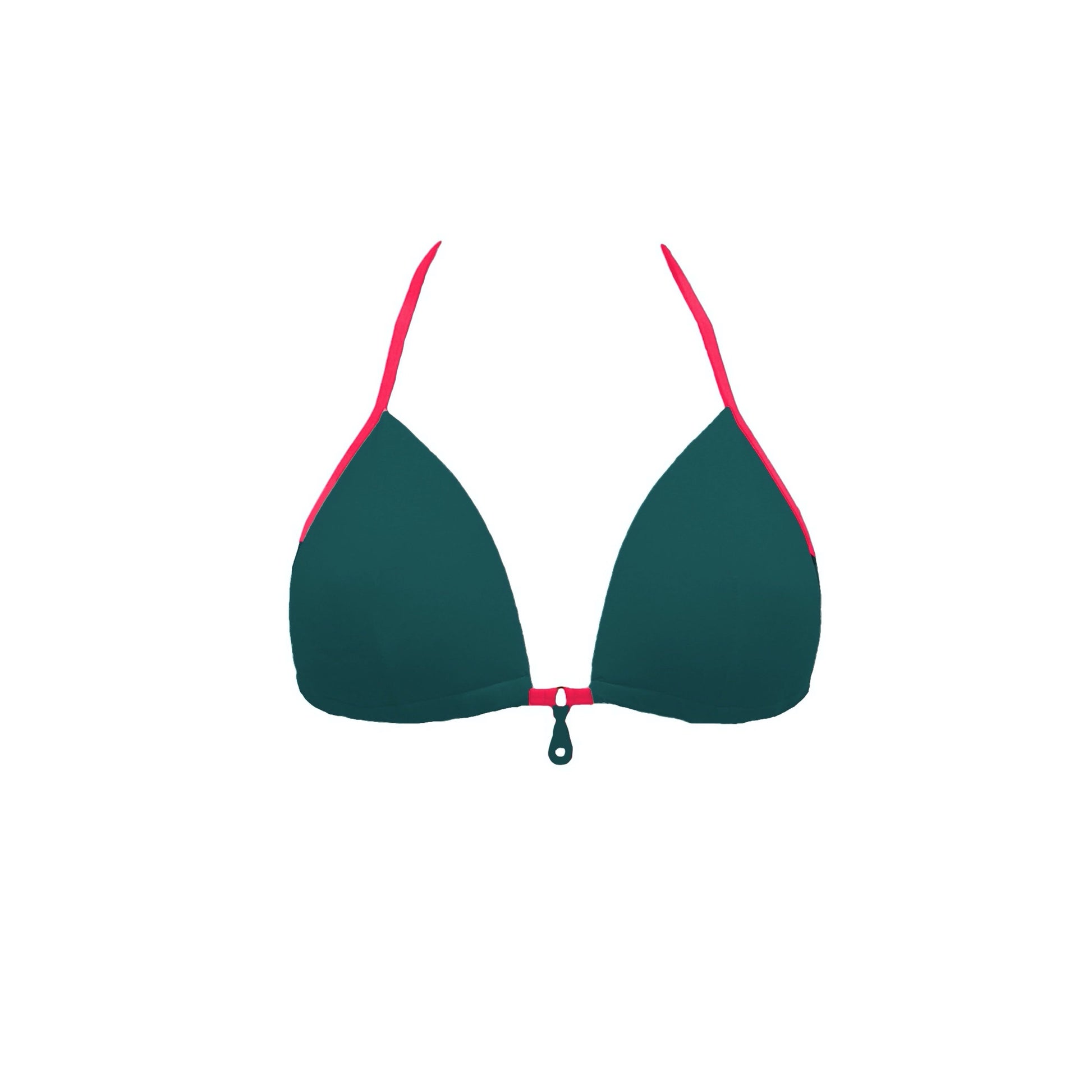 Totally adjustable dark green bikini set with push-up bra and bottom. Pink straps and zipper detail. Really comfortable for pool or beach. This bikini will never upset you, it will alway be one of your favorites. Parte superior bikini verde oscuro. Parte superior bikini de lazos.