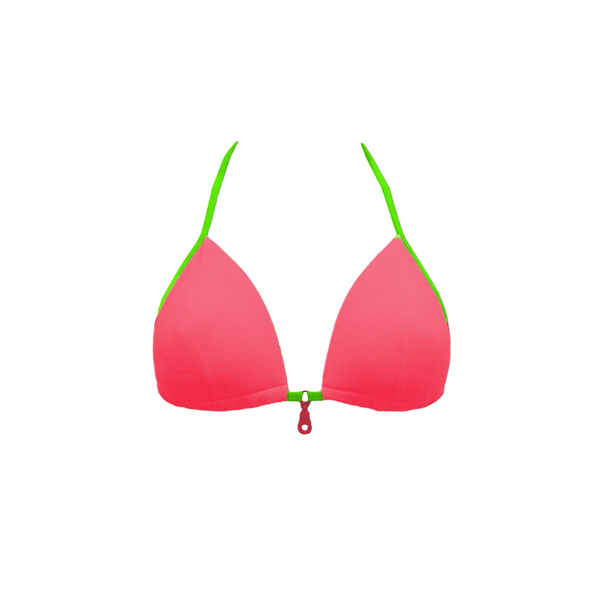 Totally adjustable pink bikini set with push-up bra and bottom. Green straps and zipper detail. Really comfortable for pool or beach. This bikini will never upset you, it will alway be one of your favorites. Parte superior bikini rosa. Parte superior bikini de lazos.