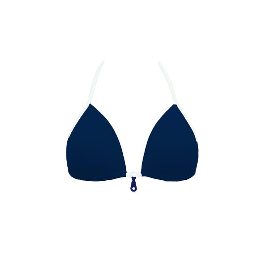 Totally adjustable navy blue bikini set with push-up bra and bottom. White straps and zipper detail. Really comfortable for pool or beach. This bikini will never upset you, it will alway be one of your favorites. Parte superior bikini azul marino. Parte superior bikini de lazos.