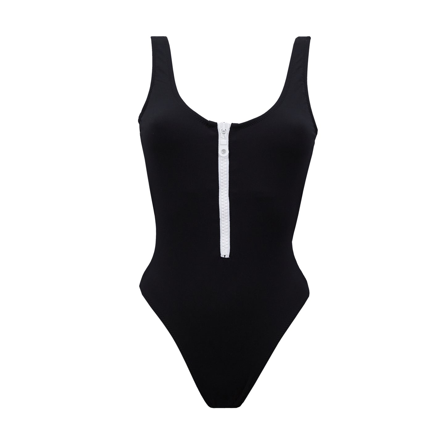 Black high and low cut one piece swimwear. White and adjustable big zipper. Open back and fitted at waist to flatter curves. Super stretchy and soft with double lining. Bañador negro. Bañador con cremallera.