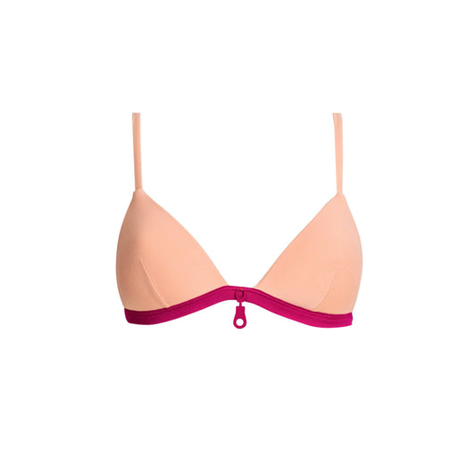 Bimini nude set, bikini color nude, sujetador push-up ajustable con detalle de cremallera, dos tips de bragas, ajustable y culotte. Adjustable push-up bra with zipper detail and two bottom shapes, adjustable and bottom. Top de bikini con push-up y tiras ajustables color nude. 