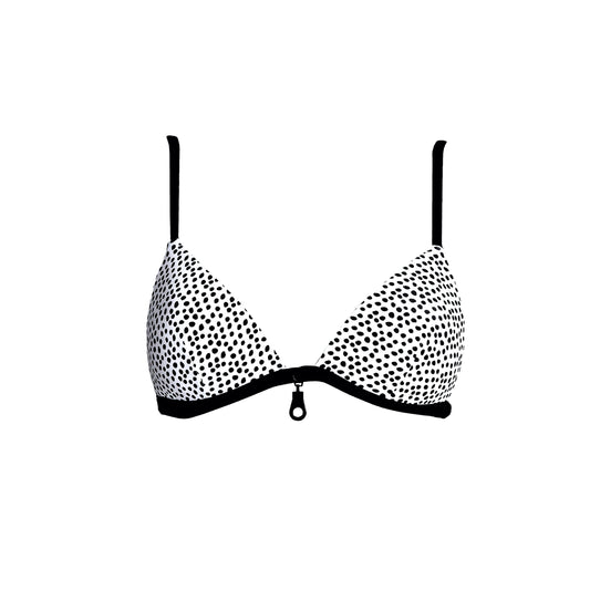 bimini baby dots print spotty set, bikini de estampado de puntos deformes, sujetador push-up ajustable con detalle de cremallera, dos tips de bragas, ajustable y culotte. Adjustable push-up bra with zipper detail and two bottom shapes, adjustable and bottom.