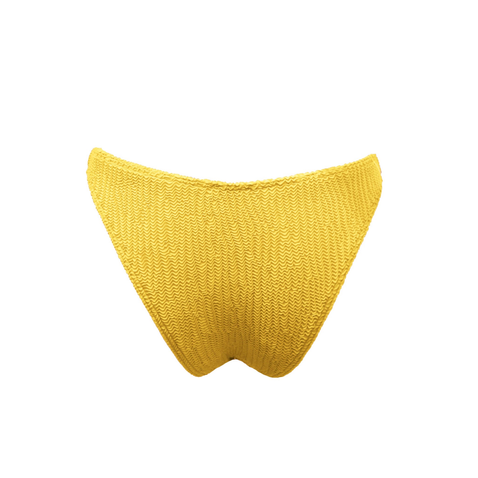 Mid-waist yellow bikini bottom. Textured finish. Really comfortable for the pool or the beach. This bikini will never upset you, it will always be one of your favorites. Braguita amarilla de corte mid-waist. Súper cómoda para la piscina o la playa. Este bikini siempre será de tus favoritos.