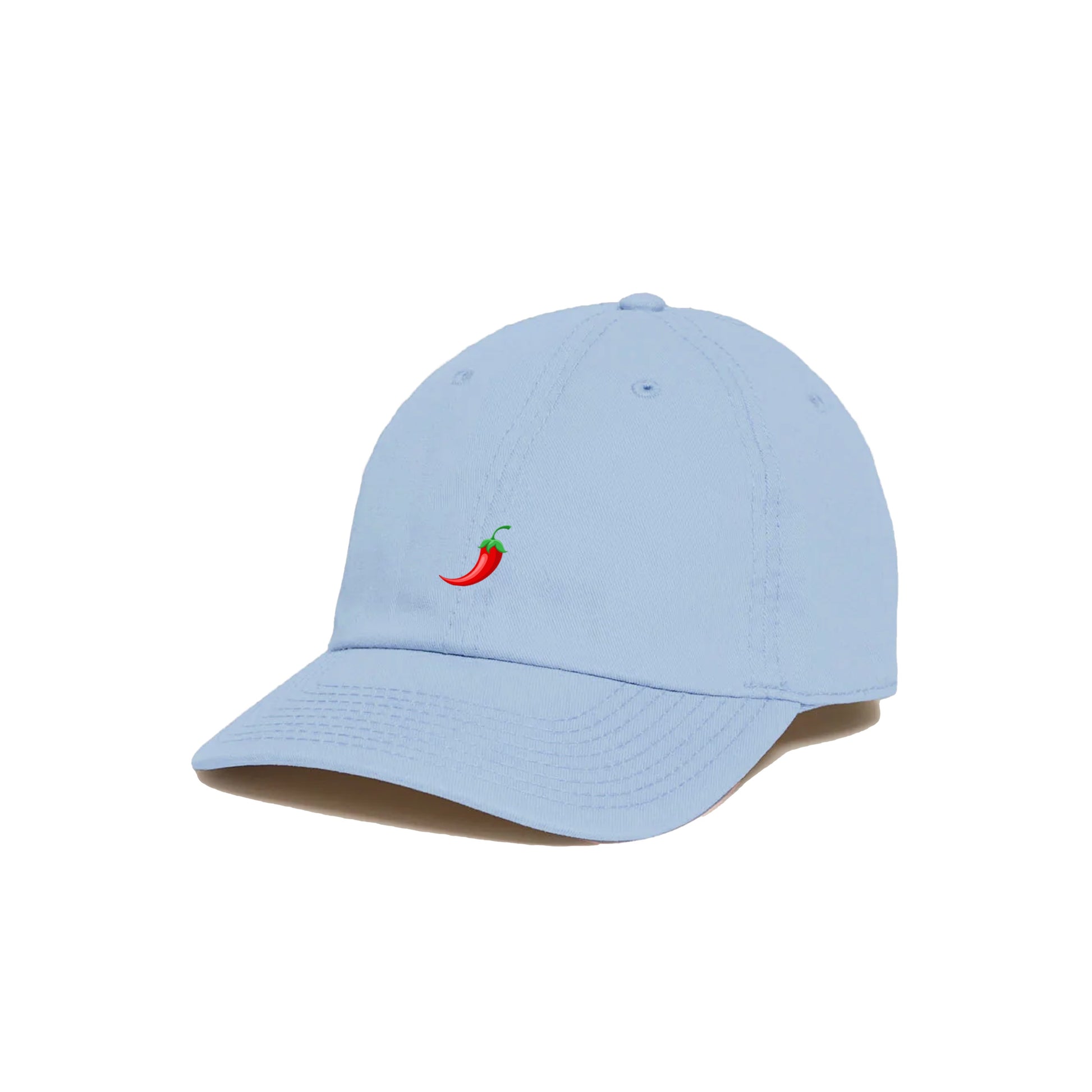 Hot Chili Cap baby blue cap. 6 panel cap. Adjustable fastening with metal buckle. Solid color. Front embroidered chili pepper. One size fits all. Designed in Spain. Gorra Hot Chili azul bebé. Gorra de 6 paneles. Ajustable. Color sólido. Pimiento bordado. Talla única. Diseñada en España.