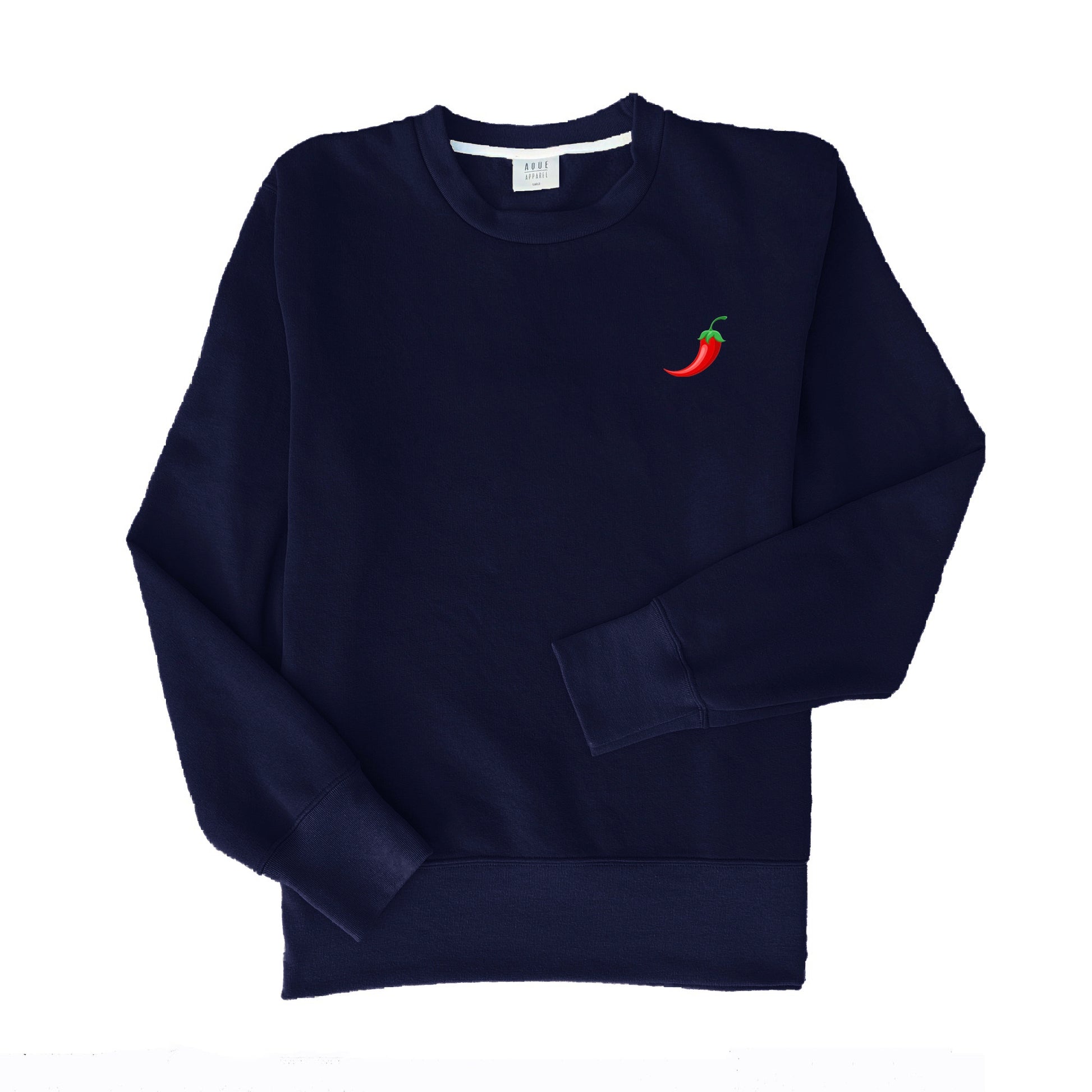 Navy blue sweatshirt with embroidered chili pepper. Oversize sweatshirt designed in Spain. Organic cotton. Unisex hoodless sweatshirt. Sudadera azul marino con pimiento bordado. Sudadera oversize diseñada en España. Algodón orgánico. Sudadera unisex sin capucha.