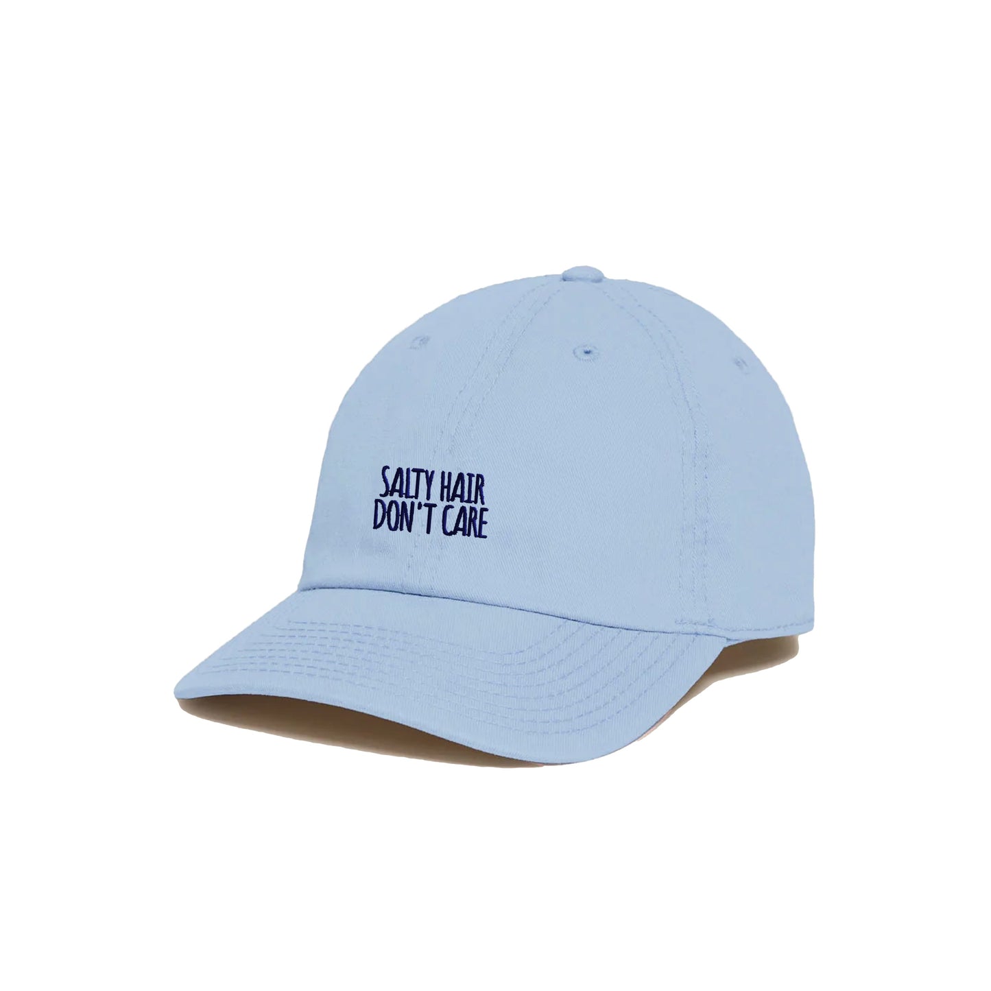 Salty hair don't care Cap, solid light blue fabric, adjustable strap-back closure. 6 Panel Dad Cap. 100% cotton.