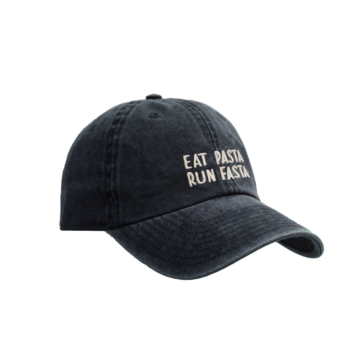 Eat Pasta Run Fasta Cap, washed effect fabric, adjustable strap-back closure. 6 Panel Dad Cap. 100% cotton.