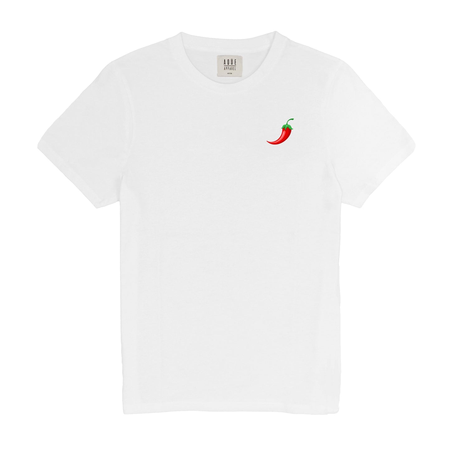 Basic cut white t-shirt with round neck and embroidered chili pepper. 100% organic cotton. Relaxed fit. Unisex. Designed in Spain. Camiseta básica con cuello redondo. Blanca. Algodón orgánico. Corte holgado. Diseñada en España.