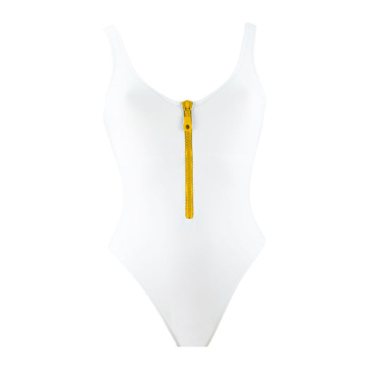 White and low cut one piece swimwear. Mustard adjustable big zipper. Open back and fitted at waist to flatter curves. Super stretchy and soft with double lining. Bañador blanco de una pieza. Cremallera mostaza ajustable. Diseño de espalda abierta, se ajusta al perfectamente al cuerpo. 