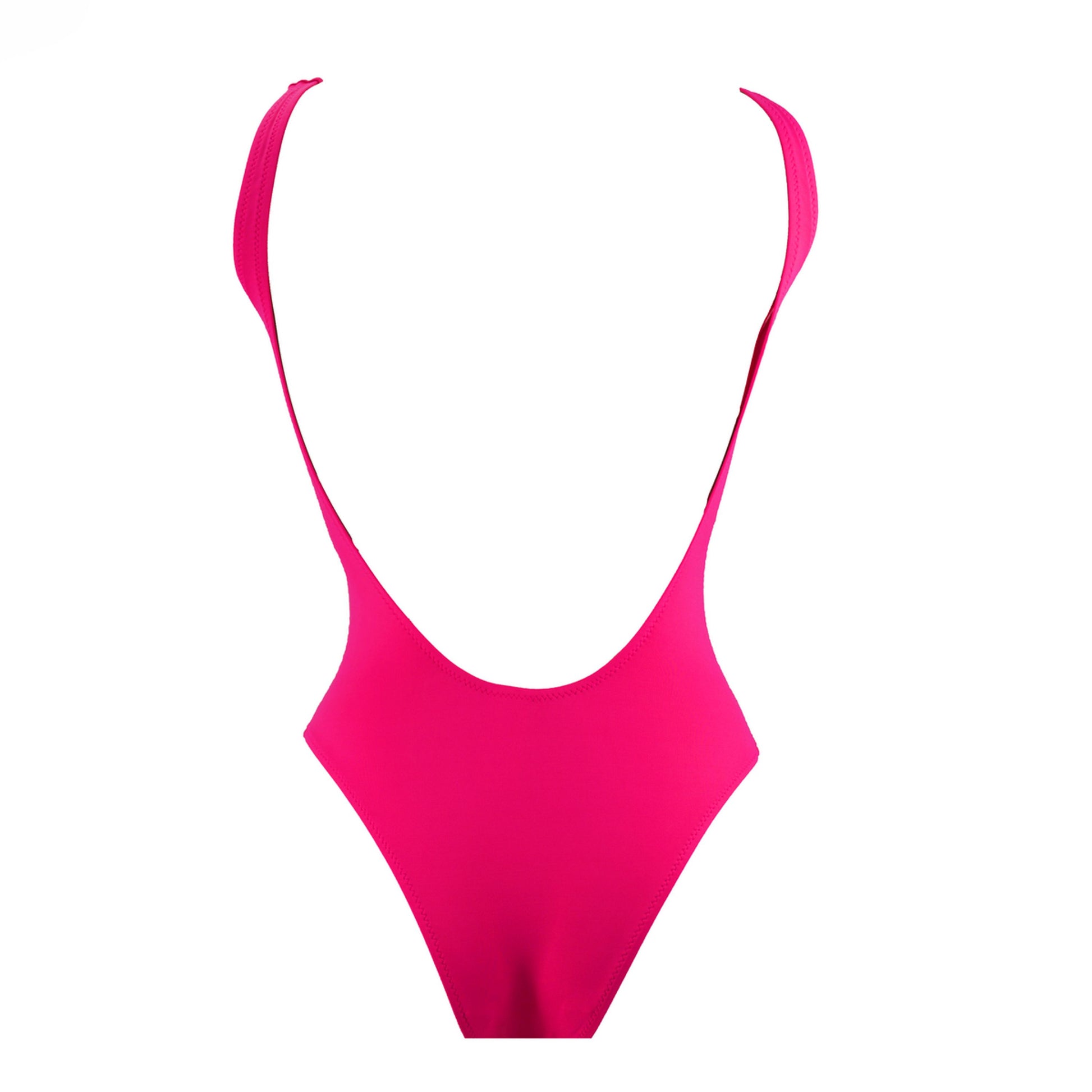 Pink high and low cut one piece swimwear. Baby blue adjustable big zipper. Open back and fitted at waist to flatter curves. Super stretchy and soft with double lining. Bañador rosa de una pieza. Cremallera azul bebé ajustable. Diseño de espalda abierta, se ajusta al perfectamente al cuerpo.