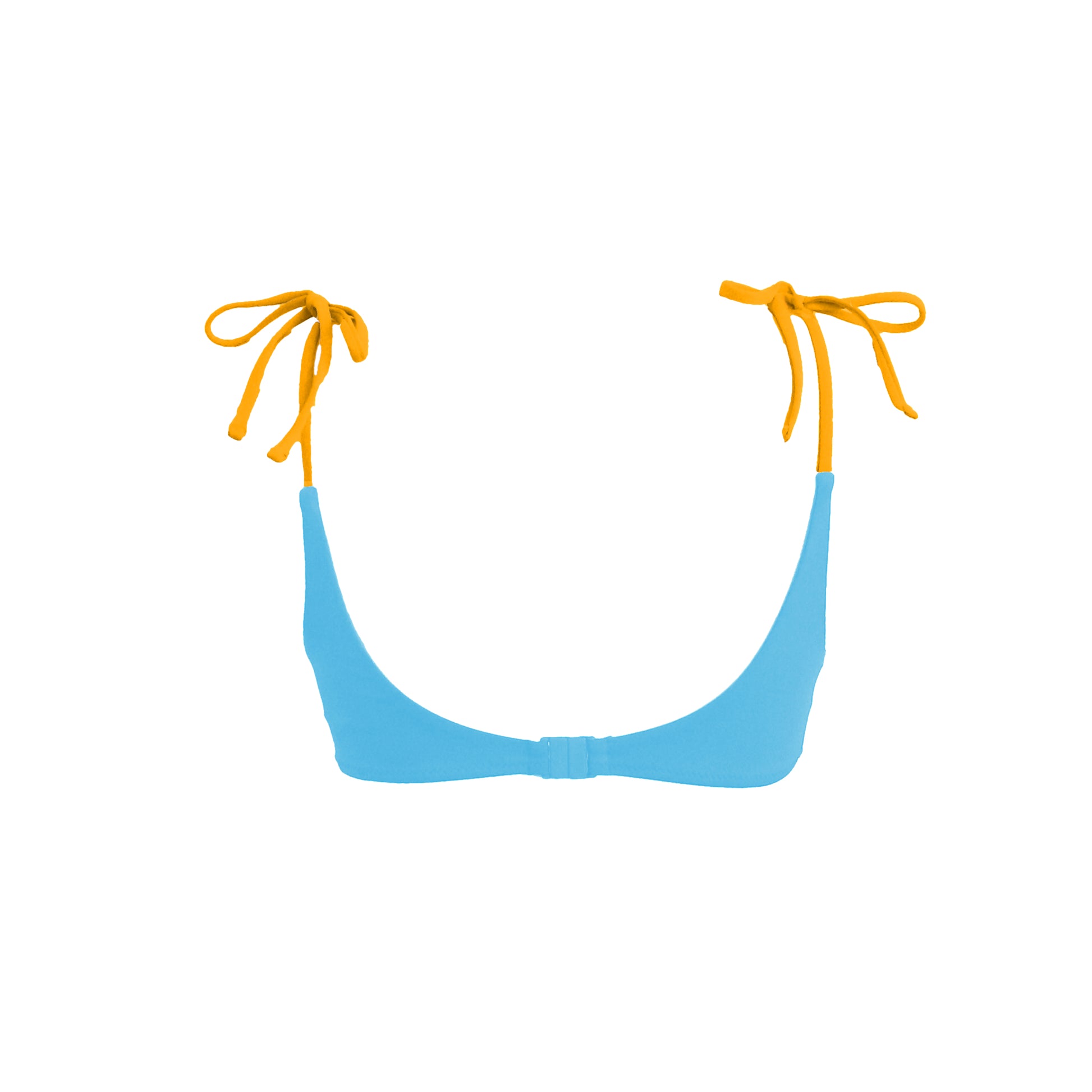 Light blue and yellow bikini top. Strappy crop top with yellow adjustable shoulder straps. Back clasp fastening. This bikini will never upset you, it will alway be one of your favorites. Top de bikini azul claro y amarillo. Crop top con tirantes amarillos ajustables. Cierre con broche en la espalda. Este bikini siempre será de tus favoritos.