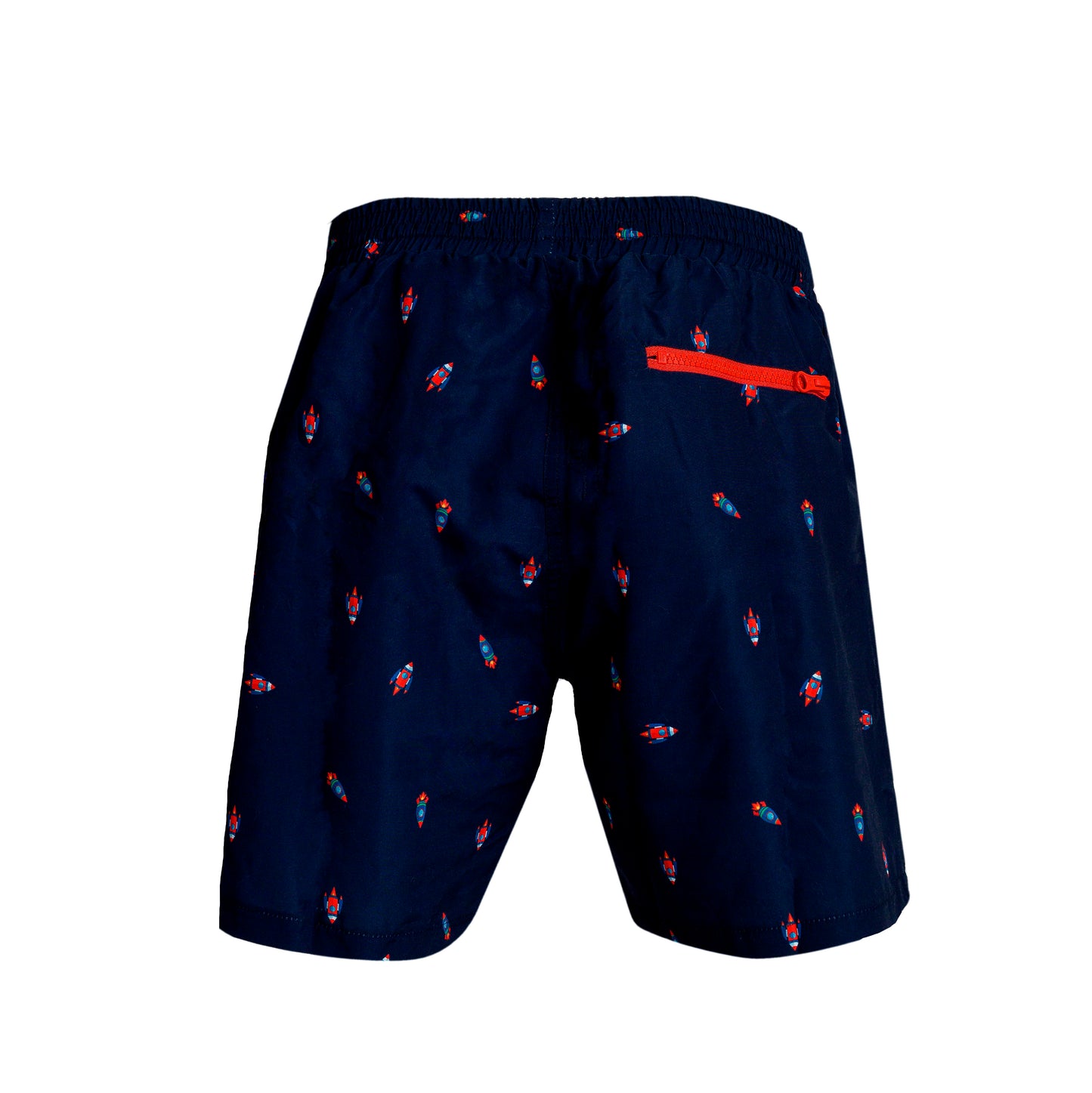 Bañador de hombre clásico con goma en la cintura, azul marino con estampado de cohetes. Bolsillos laterales y un bolsillo trasero con cremallera. Rápido secado. Classic cut swim shorts. Navy with rockets print. Two side pockets and one back pocket with zipper. Quick dry.