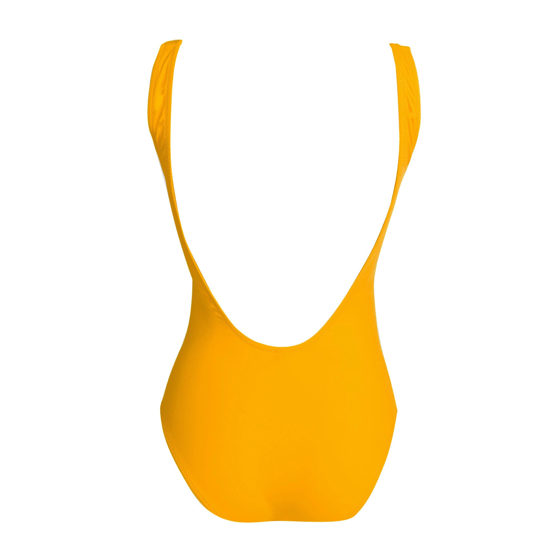 Yellow high and low cut one piece swimwear. White adjustable big zipper. Open back and fitted at waist to flatter curves. Super stretchy and soft with double lining. Bañador amarillo de una pieza. Cremallera blanca ajustable. Diseño de espalda abierta, se ajusta al perfectamente al cuerpo