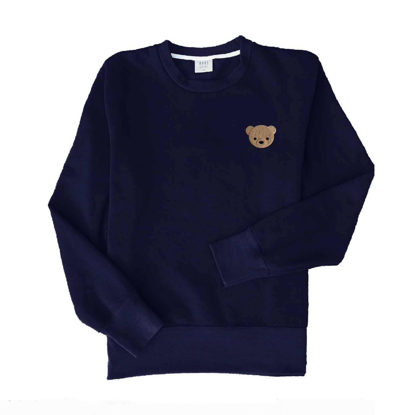 Navy blue sweatshirt with embroidered teddy bear. Oversize sweatshirt designed in Spain. Organic cotton. Unisex hoodless sweatshirt. Sudadera azul marino con oso bordado. Sudadera oversize diseñada en España. Algodón orgánico. Sudadera unisex sin capucha.