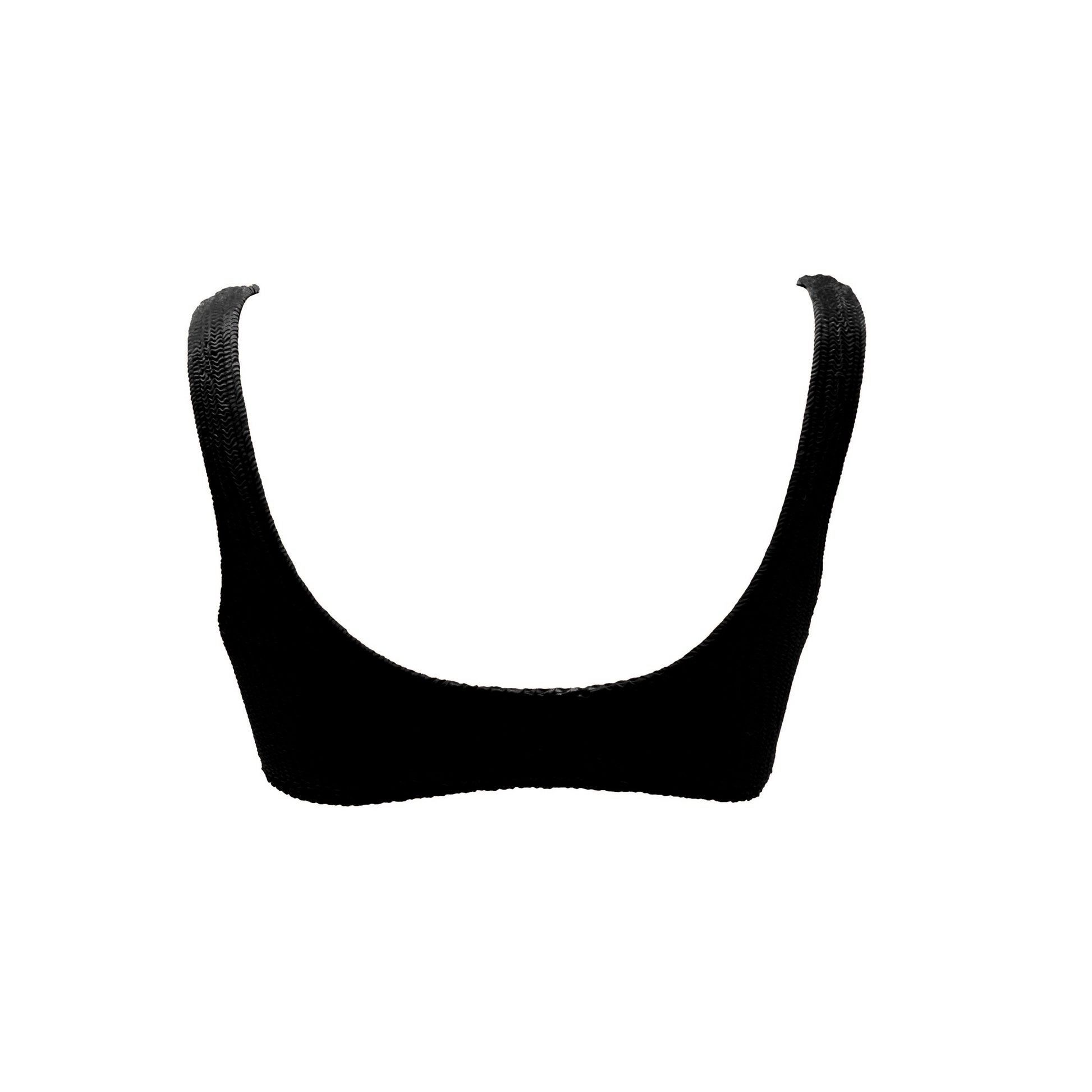 Cropped black bikini top. Textured finish and wide shoulder straps. This bikini will never upset you, it will always be one of your favorites. Top de bikini negro. Crop top con tirantes gruesos. Este bikini siempre será de tus favoritos.