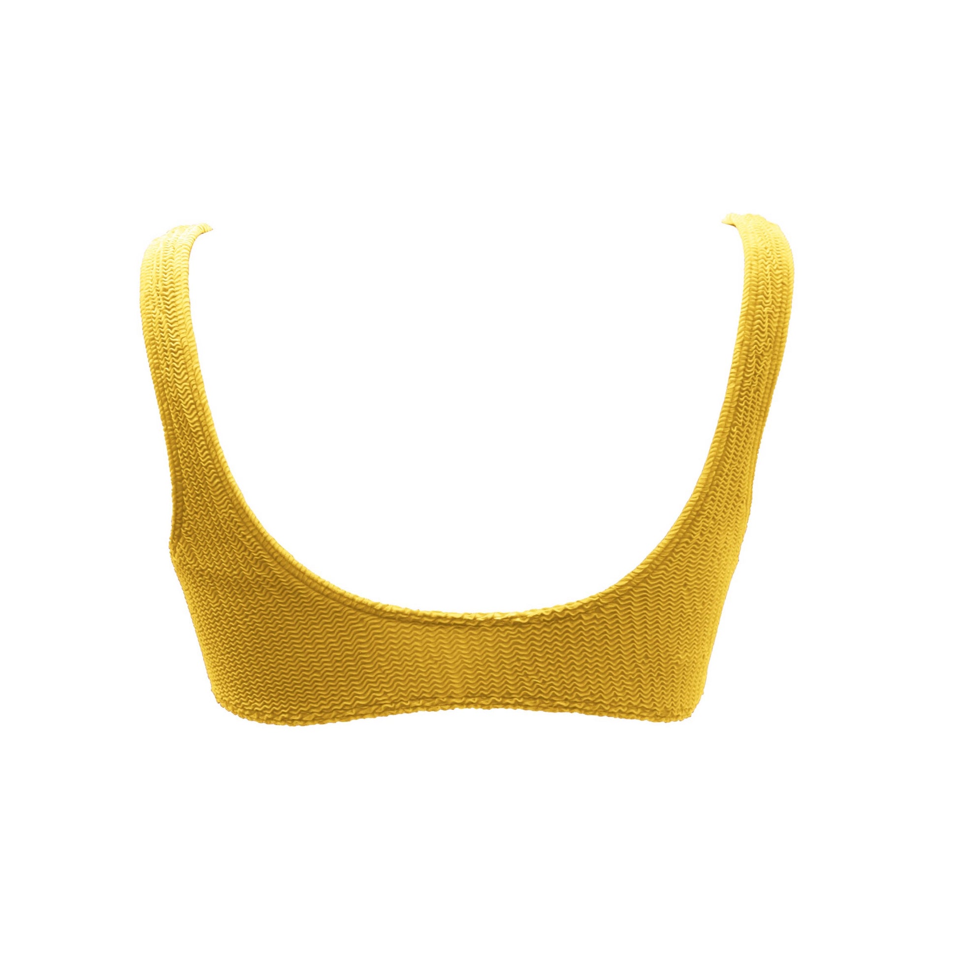 Cropped yellow bikini top. Textured finish and wide shoulder straps. This bikini will never upset you, it will always be one of your favorites. Top de bikini amarillo. Crop top con tirantes gruesos. Este bikini siempre será de tus favoritos.