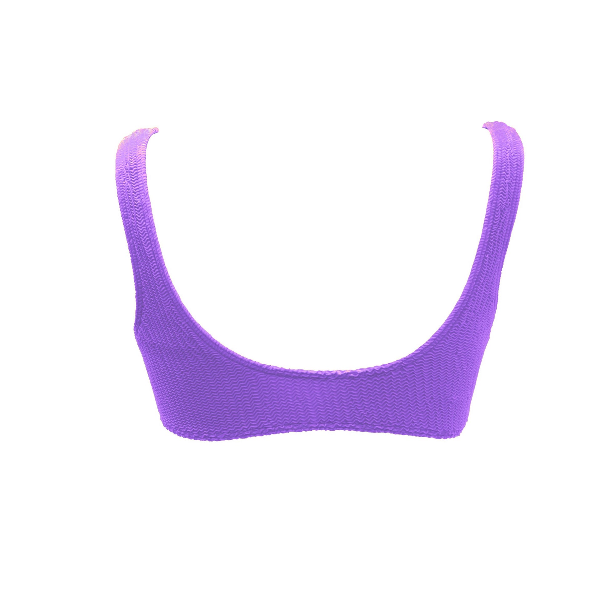 Cropped lilac bikini top. Textured finish and wide shoulder straps. This bikini will never upset you, it will always be one of your favorites. Top de bikini lila. Crop top con tirantes gruesos. Este bikini siempre será de tus favoritos.