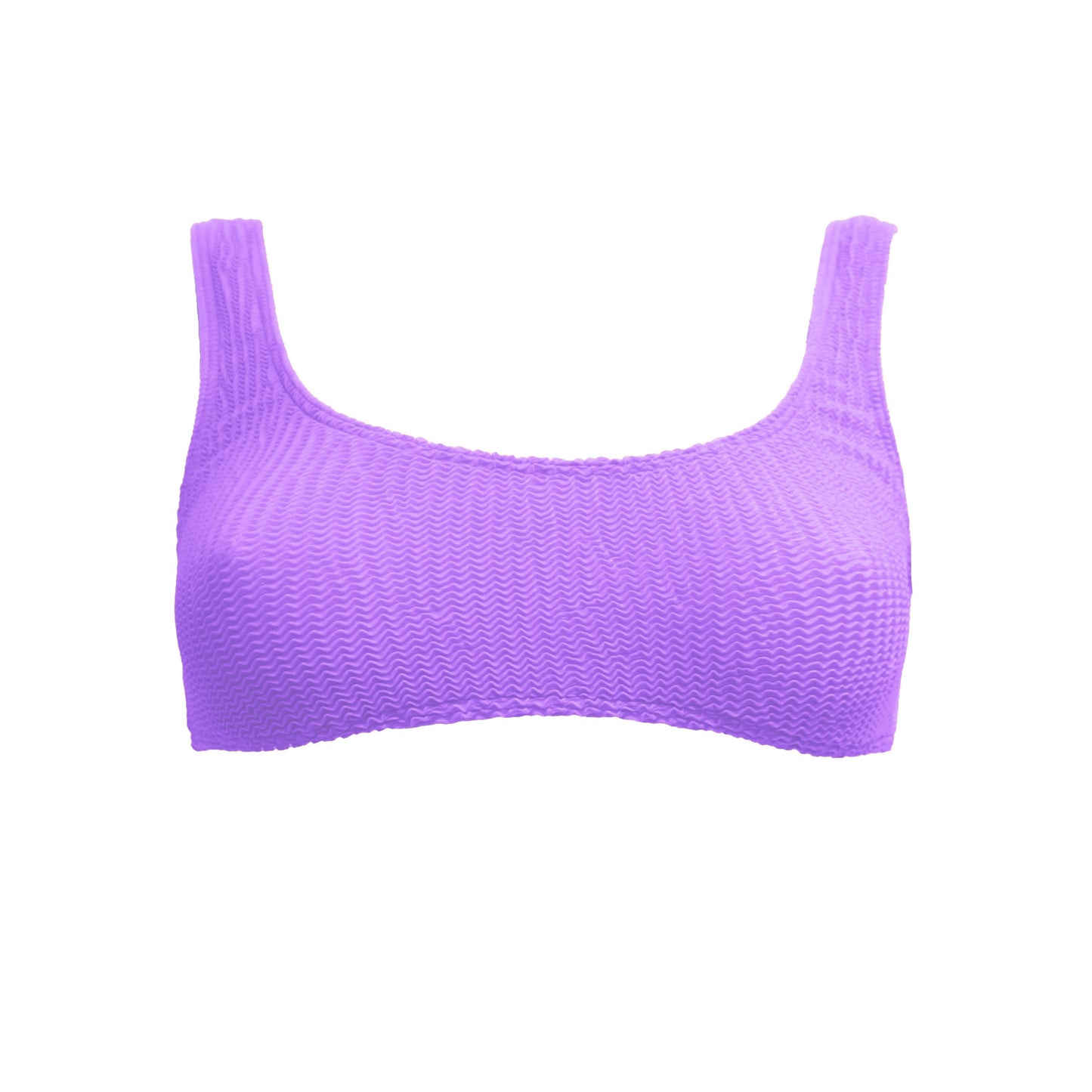Cropped lilac bikini top. Textured finish and wide shoulder straps. This bikini will never upset you, it will always be one of your favorites. Top de bikini lila. Crop top con tirantes gruesos. Este bikini siempre será de tus favoritos.