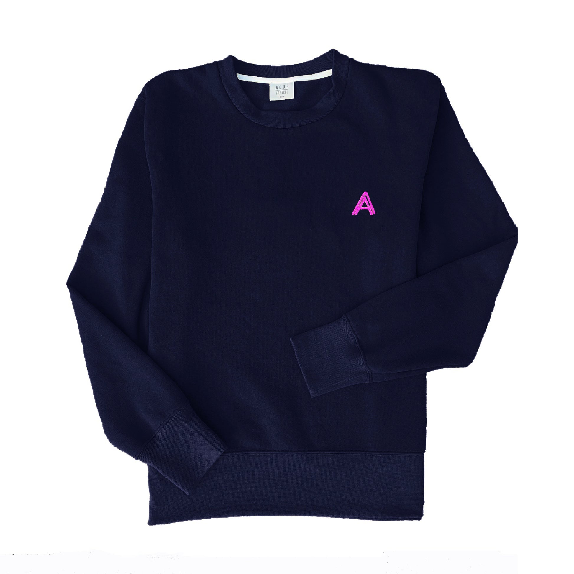 Sudadera azul oscuro con bordado rosa fosforito  "happy face" en la parte trasera. Sudadera oversize diseñada en España. Algodón orgánico.Sudadera unisex sin capucha.Navy sweatshirt with fuchsia "happy face" embroidery on the back. Oversize sweatshirt designed in Spain. Organic cotton. unisex sweatshirt without hood.