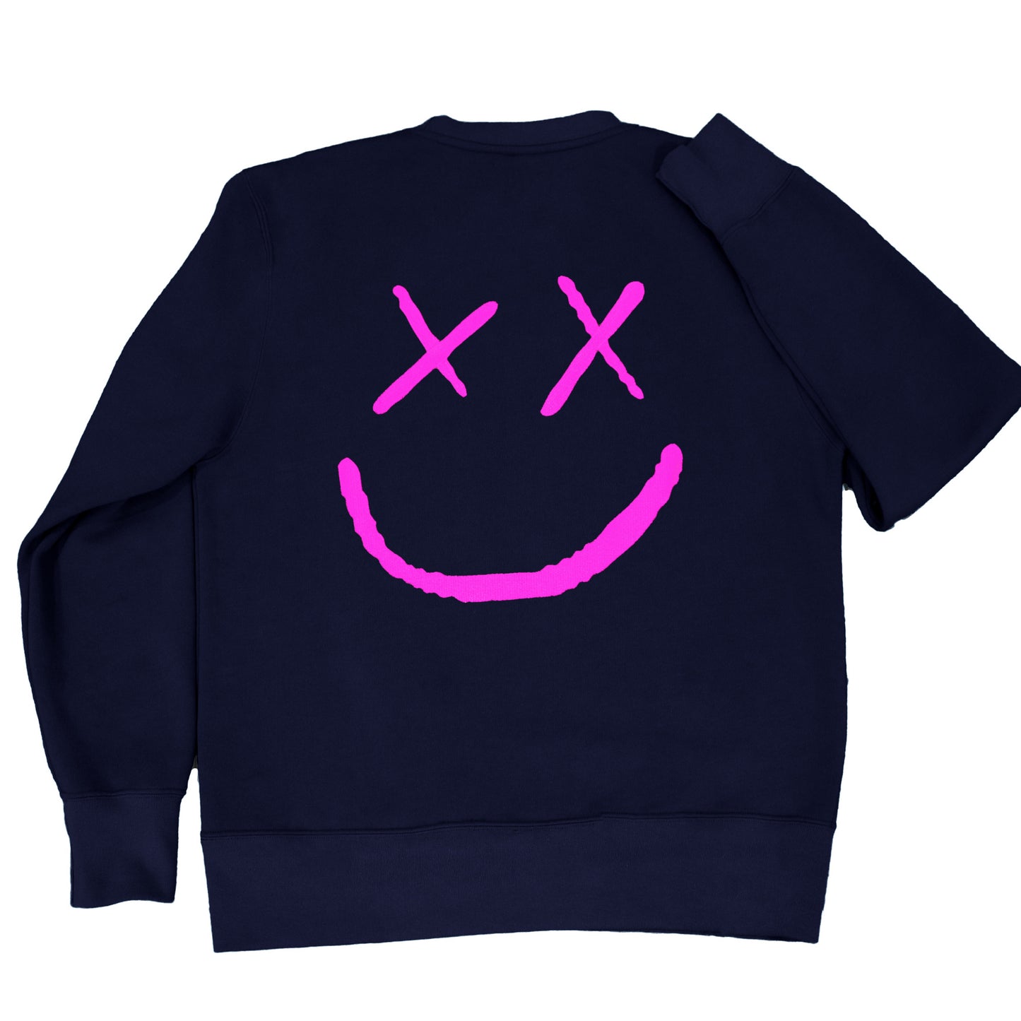 Sudadera azul oscuro con bordado rosa fosforito  "happy face" en la parte trasera. Sudadera oversize diseñada en España. Algodón orgánico.Sudadera unisex sin capucha.Navy sweatshirt with fuchsia "happy face" embroidery on the back. Oversize sweatshirt designed in Spain. Organic cotton. unisex sweatshirt without hood.