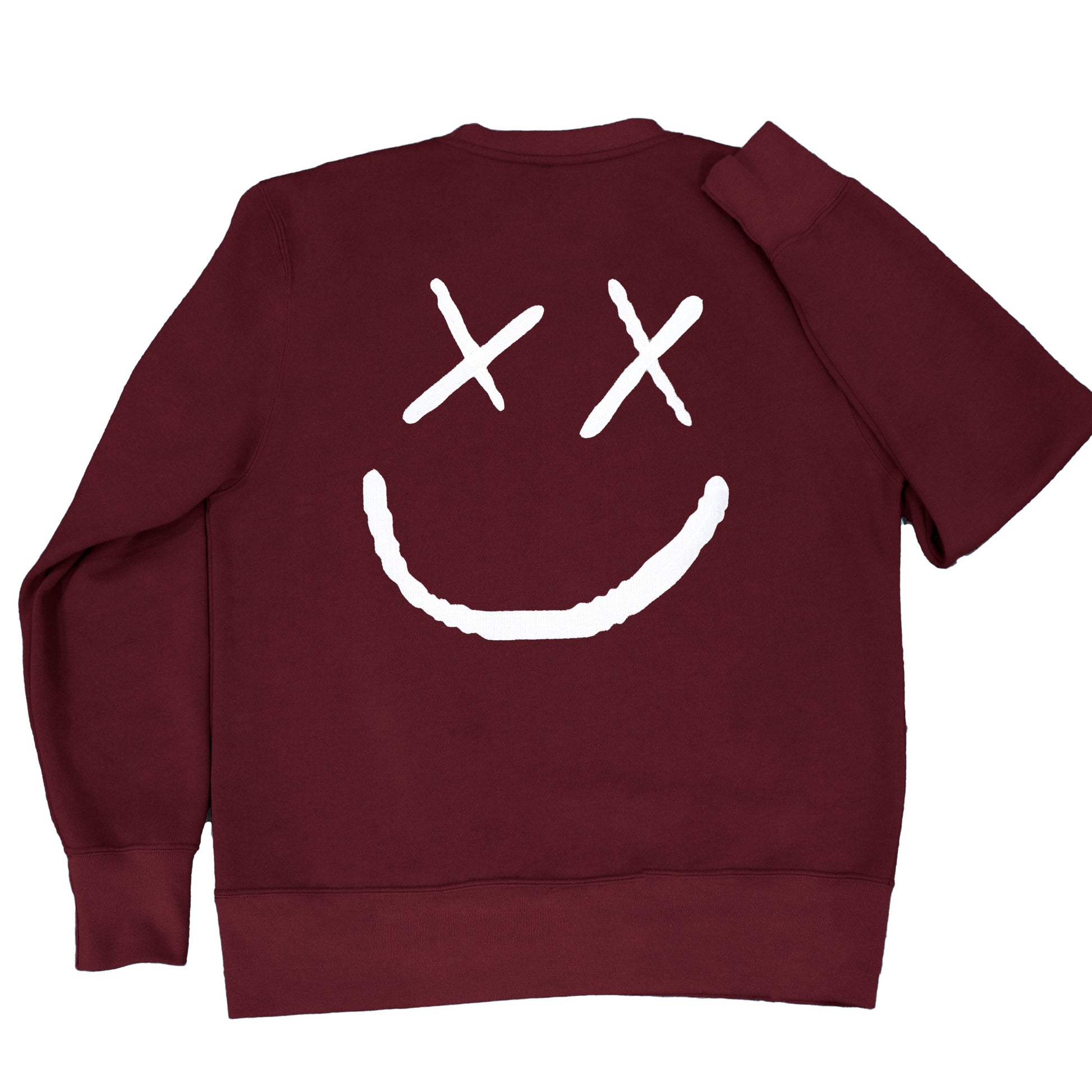 Sudadera granate con bordado blanco  "happy face" en la parte trasera. Sudadera oversize diseñada en España. Algodón orgánico.Sudadera unisex sin capucha.Maroon sweatshirt with white "happy face" embroidery on the back. Oversize sweatshirt designed in Spain. Organic cotton. unisex hoodless sweatshirt.